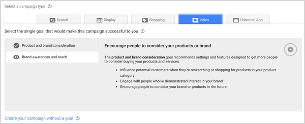 Typ kampane Povedomie o značke a dosah v službe Google AdWords.