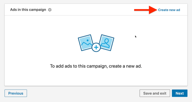 príklad úrovne reklamnej kampane s prepojenou reklamnou kampaňou so zvýraznenou možnosťou vytvoriť novú reklamu