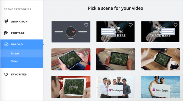 Vyberte scénu pre svoje video na karte Biteable Upload.