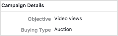 Vyberte cieľ Zobrazenia videa pre svoju kampaň na Facebooku.