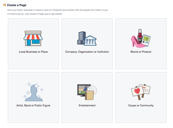 Opatrne vyberte typ svojej stránky na Facebooku.