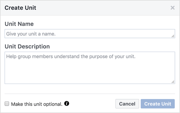 Priraďte jednotke skupiny Facebook názov a popis. 