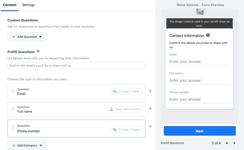 pridať vlastné otázky do formulára na generovanie potenciálnych zákazníkov na Facebooku