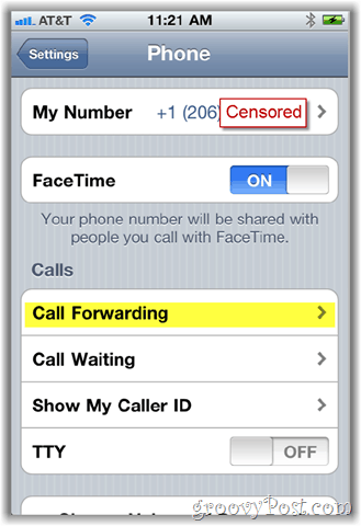 Snímka obrazovky s možnosťou presmerovania hovorov na iphone