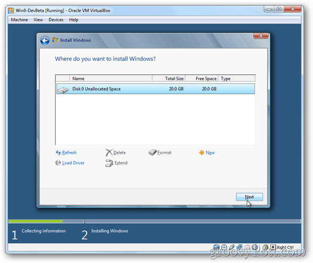VirtualBox Windows 8 vyberie disk na inštaláciu
