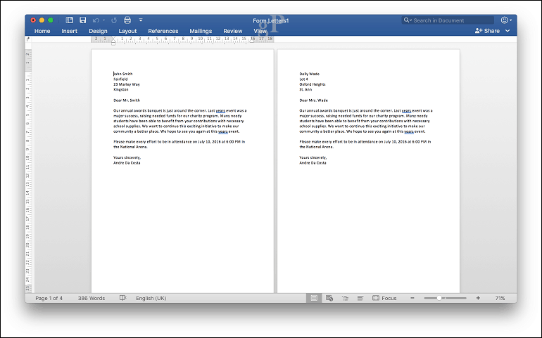 Microsoft Word pre hromadnú korešpondenciu v Mac - ukážka pred tlačou