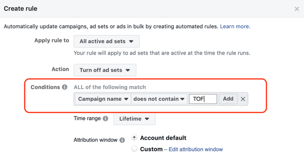 Používajte automatické pravidlá Facebooku, zastavte nastavovanie reklám, keď ROAS klesne pod minimum, krok 2, stanovte podmienky