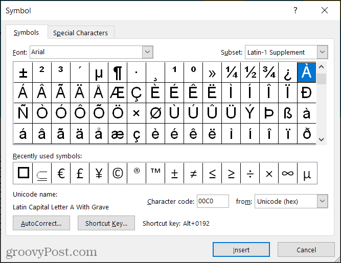 Symboly pre značky prízvuku v programe Word