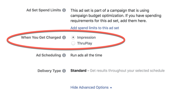 Poplatky za optimalizáciu Facebook ThruPlay.