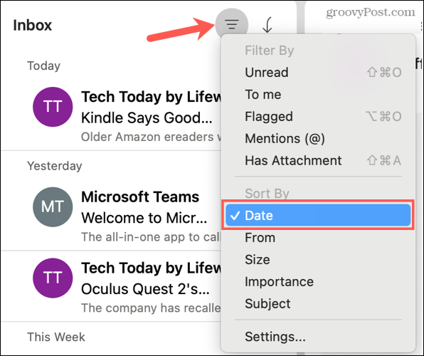 Zoradiť podľa dátumu v Outlooku na Macu