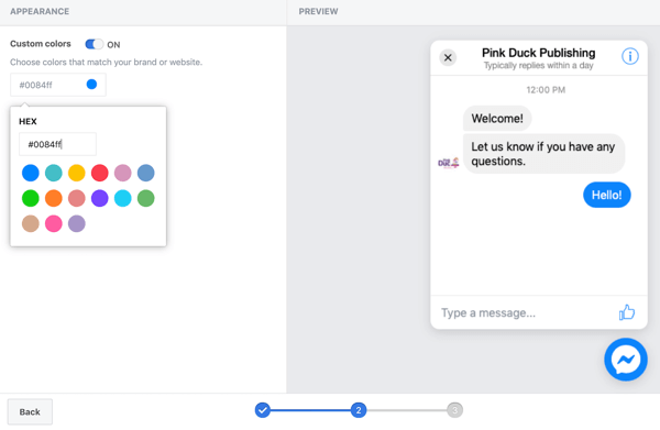 Použite Správcu značiek Google s Facebookom, krok 11, možnosti na nastavenie vlastných farieb pre váš plugin na chatovanie na Facebooku