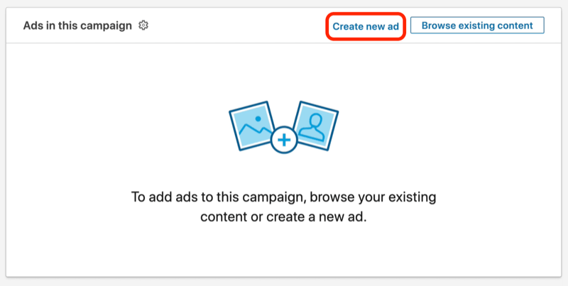 screenshot tlačidla Vytvoriť novú reklamu počas nastavovania kampane LinkedIn