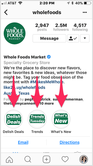 Instagram zdôrazňuje na profile Whole Foods.