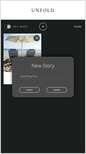 Klepnutím na ikonu + vytvoríte nový príbeh pomocou funkcie Rozbaliť.