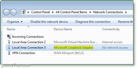 Windows 7 Networking Screenshot - adaptér Microsoft Loopback viditeľný v okne sieťových pripojení