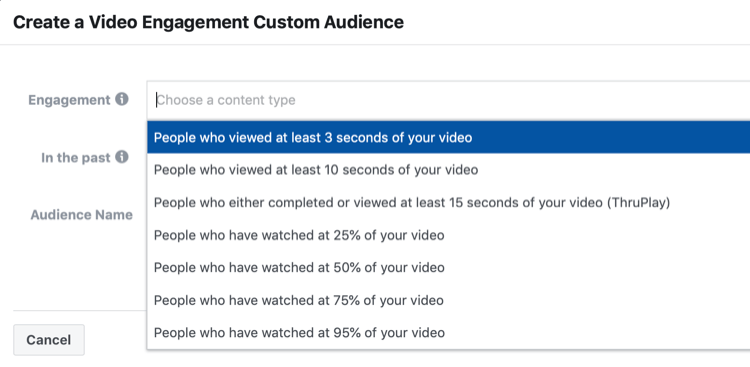 Vytvorte okno pre nastavenie vlastného publika Video Engagement
