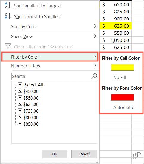 Filtrovať podľa farby v programe Excel