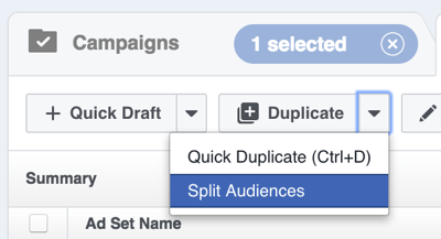 V aplikácii Facebook Power Editor kliknite na šípku napravo od položky Duplikovať a vyberte možnosť Rozdeliť publikum.