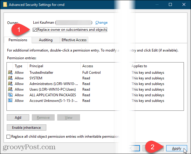 Kliknite na tlačidlo Použiť v dialógovom okne Rozšírené nastavenia zabezpečenia v registri Windows