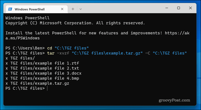 Extrahovanie súborov TGZ v systéme Windows 11 pomocou aplikácie terminálu