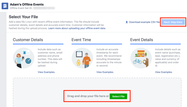 Možnosť presunutia dátového súboru do služby Facebook Ads Manager.