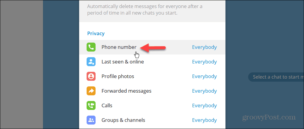 Nastavenie súkromia telefónneho čísla v počítačovej aplikácii Telegram