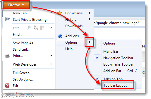 možnosti ponuky firefox> rozloženie panela nástrojov