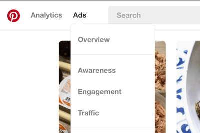 Sekciu Reklamy na Pintereste nájdete v ľavom hornom navigačnom paneli.