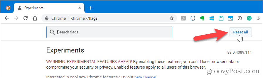 Na stránke pokročilých nastavení prehliadača Chrome kliknite na Obnoviť všetko