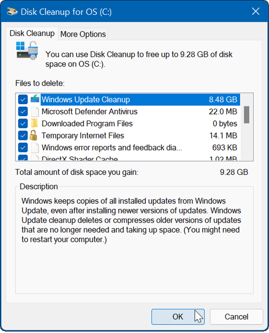 výsledkom bude niekoľko dočasných súborov vrátane nástroja Windows Update Cleanup