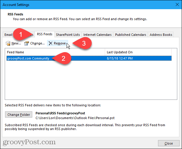 V dialógovom okne Nastavenia účtu v programe Outlook kliknite na položku Odstrániť na karte RSS