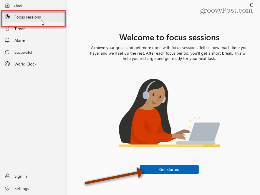Aplikácia Hodiny Focus Sessions Windows 11