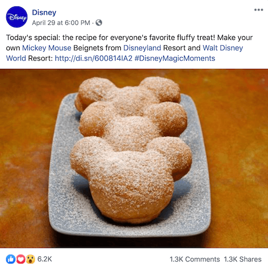 Príspevok Disney na Facebooku s odkazom na recept na beignety Mickey Mouse