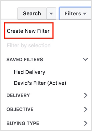 správca facebookových reklám vytvoriť nový filter