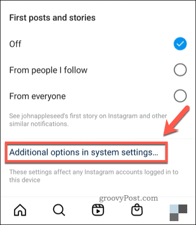 Otvorte systémové nastavenia pre upozornenia na Instagrame