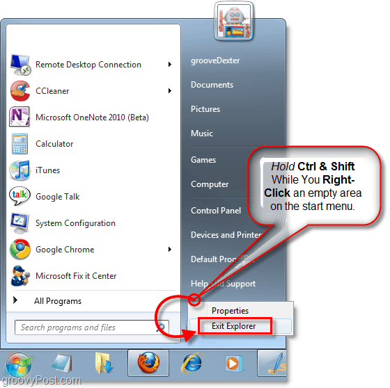 podržte klávesy a kliknite pravým tlačidlom myši na ponuku Štart a ukončite prieskumník v systéme Windows 7