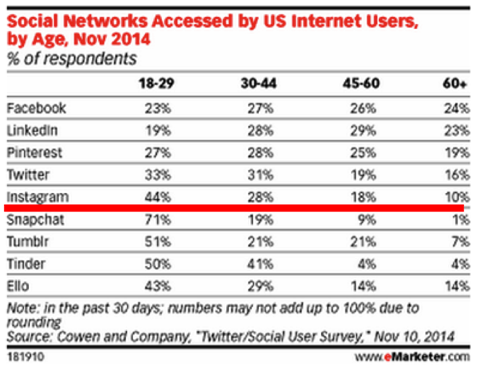 sociálna sieť, ku ktorej majú prístup používatelia z USA podľa vekového ukazovateľa 2014