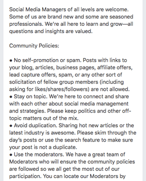 Tu je príklad pravidiel skupiny na Facebooku.