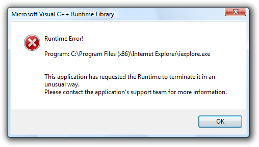 Internet Explorer 8 (IE8) Knižnica runtime programu Microsoft Visual C ++: Chyba za behu!