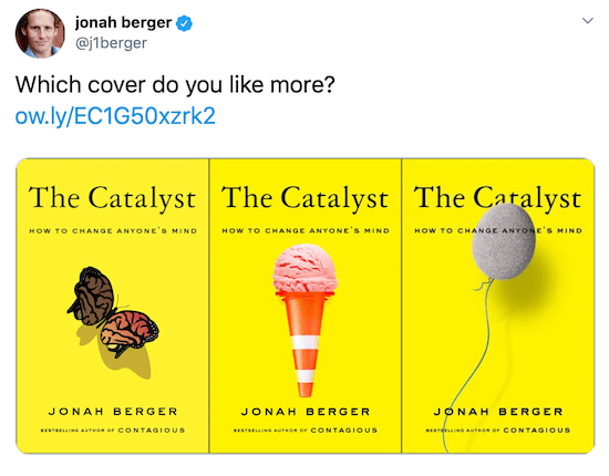 Tweet pre Jonah Berger s obrázkami troch možných obálok kníh