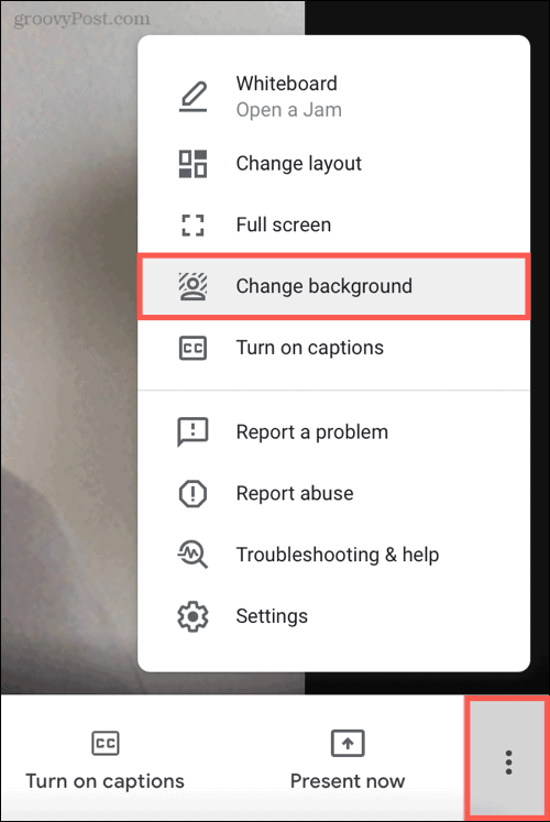 Ďalšie možnosti, zmena pozadia v službe Google Meet