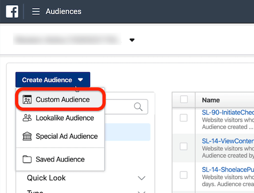 V sekcii Publikum v službe Ads Manager vytvorte rozbaľovaciu ponuku Publikum