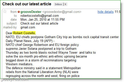 Snímka programu Outlook 2010 - príklad personalizovaného hromadného e-mailu