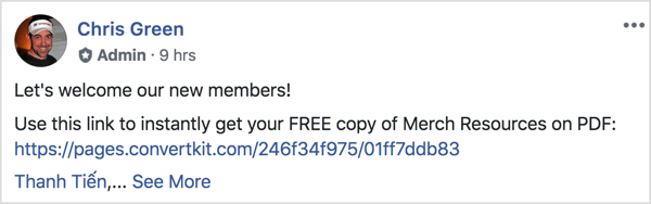 Tento príspevok v skupine na Facebooku víta nových členov a pripomína im, aby si stiahli PDF zadarmo.