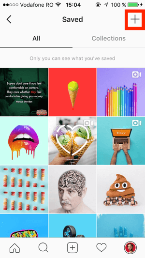 Klepnite na znamienko + v pravom hornom rohu obrazovky Instagram Saved.