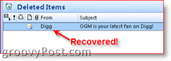 Trvale odstránený e-mail zobrazujúci jeho obnovenie v priečinku Odstránené položky