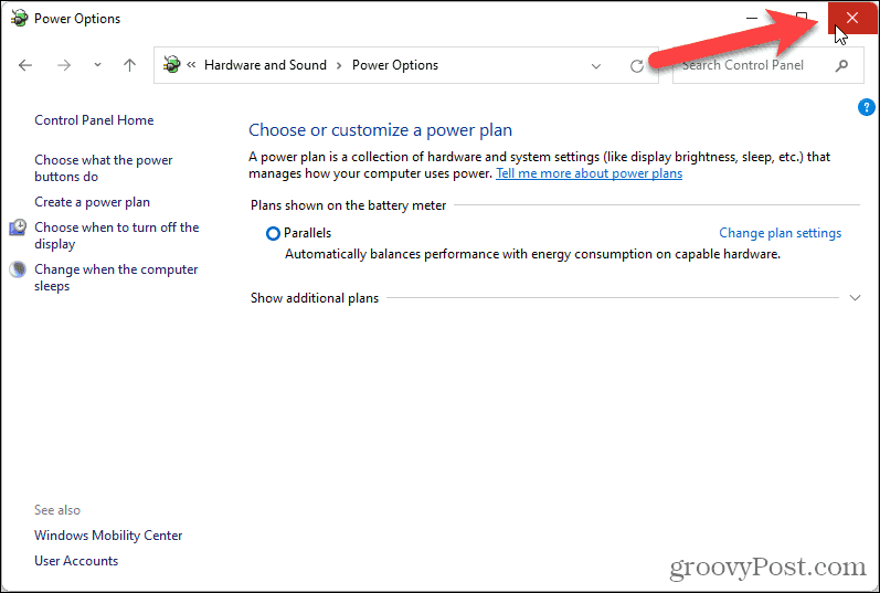 Zatvorte obrazovku Možnosti napájania na ovládacom paneli v systéme Windows 11