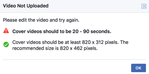 Ak vaše titulné video ešte nespĺňa technické štandardy Facebooku, nebudete ho môcť nahrať priamo ako titulné video svojej stránky.