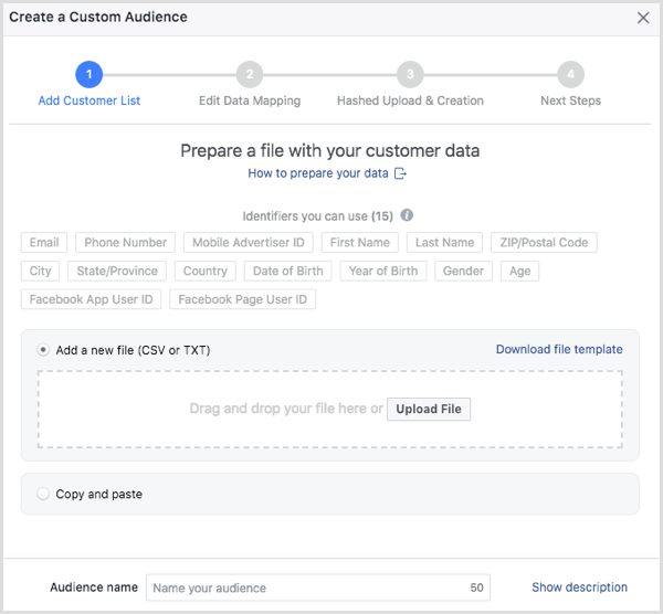 Vyberte zákaznícky súbor, ktorý chcete nahrať na Facebook.