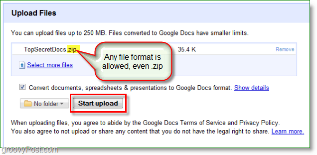 Snímka obrazovky služby Dokumenty Google - nahral zips
